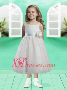 Hand Made Flowers Scoop Tea-length Satin Flower Girl Dress for 2020