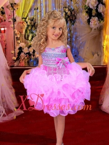 Luxurious Ball Gown Bateau Mini-length Beading Bowknot Rose Pink Little Girl Dress