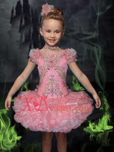 Luxurious Ball Gown Bateau Mini-length Beading Short Sleeves Pink Little Girl Dress