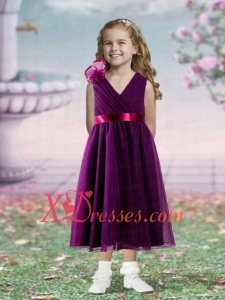 Sashes and Hand Made Flowers V-neck Tea-length Empire Flower Girl Dress in Dark Purple