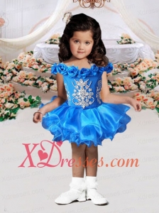 Short Off the Shoulder Backless Royal Blue Little Girl Dress with Beading
