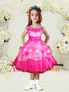 Sweet A-Line Bateau Tea-length Hand Made Flowers Bowknot Hot Pink Little Girl Dress