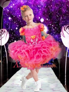 Sweet Ball Gown Bateau Mini-length Hand Made Flowers Beading Hot Pink Little Girl Dress