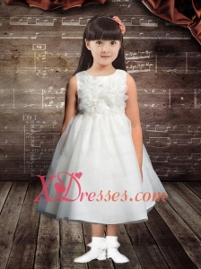 2020 Popular White Tea-length Scoop Flower Girl Dress with Hand Made Flowers