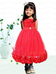 2020 Red Bateau Tea-length Little Girl Dress with Ruching