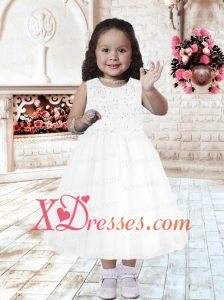 A-Line Scoop Tea-length Flower Girl Dress with Beading for 2020