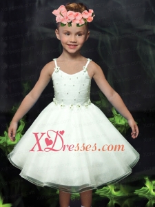 Beautiful A-Line Straps Tea-length White Flower Girl Dress with Bowknot