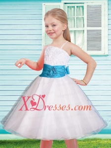 Elegant A-Line Spaghetti Straps Tea-length Bowknot White Flower Girl Dress