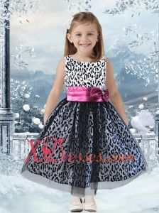 Exquisite A-Line Scoop Leopard Bowknot Black Little Girl Dress with Ankle-length