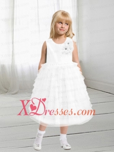 Formal A-Line Hand Made Flowers Tea-length Flower Girl Dress with Scoop