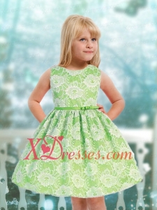 Modest A-Line Scoop Mini-length Lace Ribbons Green Little Girl Dress