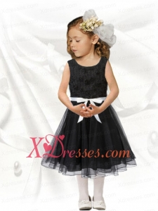 Modest A-Line Scoop Tea-length Bowknot Black Little Girl Dress
