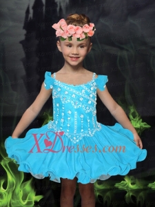 Pretty Aque Blue Straps Mini-length Little Girl Dress with Beading