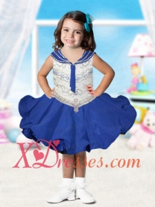 Luxurious Scoop Knee-length Beading Little Girl Dress in Blue
