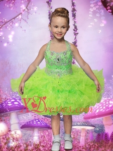 2020 Ball Gown Beading and Ruffles Halter Little Girl Dress in Spring Green