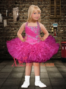2020 Popular Halter Beading and Ruffles Hot Pink Little Girl Dress with Lace-up