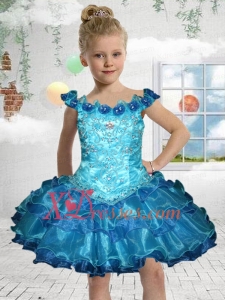Exquisite Off the Shoulder Mini-length Blue Little Girl Dress with Beading