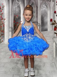 Fashionable Beading and Ruffles Halter 2020 Little Girl Dress in Royal Blue