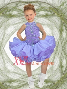 Luxurious Halter Knee-length Short Little Girl Dress with Beading