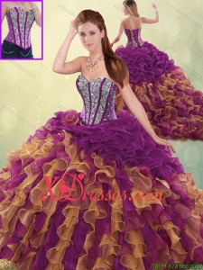 Detachable Fashionable Brush Train Beading Sweet 16 Dresses in Multi Color