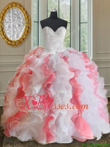 Affordable Popular Brush Train White and Coral Red Quinceanera Dress with Beading and Ruffles