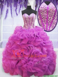 Affordable Sweet Visible Boning Beaded Bodice Ruffled Quinceanera Dress with Brush Train