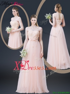 Cheap Lovely Empire Bateau Prom Dresses with Appliques and Bowknot