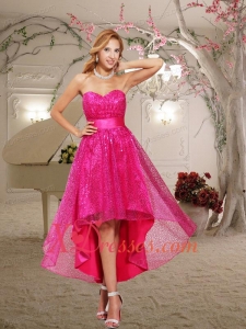 2021 Hot Pink A-line Paillette Sweetheart High Low Prom Dress