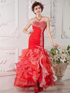 2020 Gorgeous Red Mermaid Sweetheart Beading Organza Evening Dress