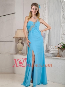 2020 Modest Aqua One Shoulder Beading Colomn Chiffon Prom Dress