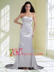 Silver Strapless Beading Brush Train Column Prom Dress with Ruching