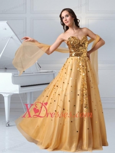 A Line Sweetheart Sequins and Tulle Prom Dress in Gold