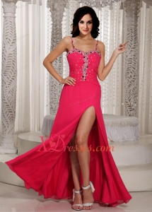 High Slit Beaded Spaghetti Straps Chiffon Prom Dress in Coral Red