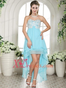 Modest Sweetheart High Low Appliques Aqua Blue Chiffon Prom Dress