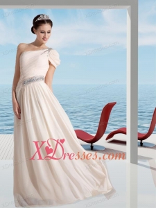 Champagne Empire One Shoulder Prom Dress with Beading and Ruching