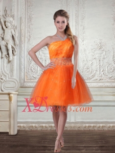 Pretty Orange Beaded Organza One Shoulder Cocktail Dress in Mini Length