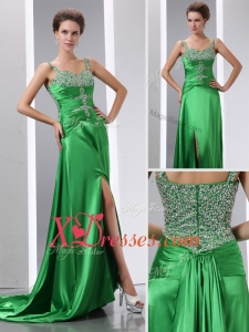 Cheap Most Popular Column Beading and High Slit Prom Dresses with Court Train