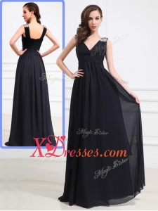 Cheap New Style Empire V Neck Brush Train Beading Prom Dresses in Black