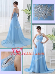 Cheap New Style One Shoulder Brush Train Beading Prom Dress with Lace Up