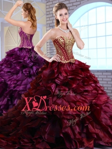 New style Brush Train Ruffles and Appliques Quinceanera Gowns in Wine Red