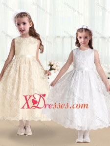 Cheap Pretty Scoop Lace and Belt Birthday Party Dresses in White