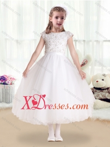 Cheap Sweet Bateau Cap Sleeves Little Girl Dresses with Appliques