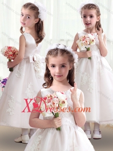 Cheap Romantic Scoop Little Girl Dresses with Appliques and Bowknot