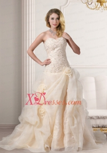 A Line Embroidery Sweetheart Brush Train Wedding Dress in Champagne