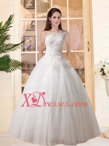 Cute One Shoulder Ball Gown Wedding Dress with Appliques