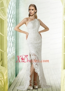 Lace One Shoulder Brush Train Column Wedding Dress for 2021