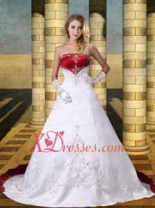 New Style A Line Strapless Chaple Train Wedding Dresses with Embroidery