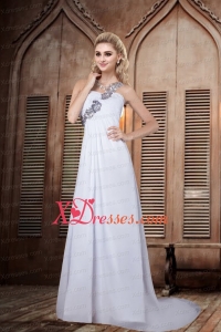 Simple One Shoulder Brush Train Backless Wedding Dress with Appliques