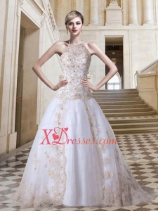 Tulle Ball Gown Halter Court Train Lace Up Appliques Exclusive Wedding Dress