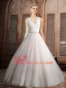 2021 Perfect A Line V neck Court Train Lace White Wedding Dress